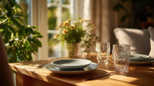 A table with a plate and two glasses on it photo