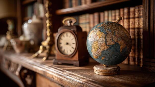 An old world globe sits on a shelf next to a clock photo
