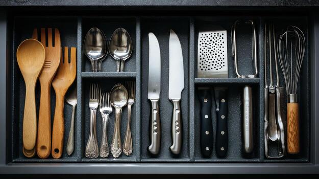 A drawer filled with utensils and spoons photo