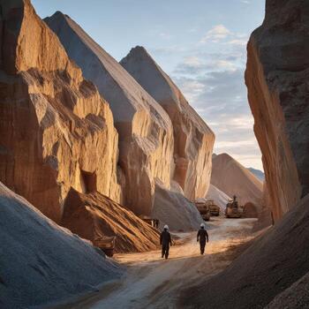 Workers in Quarry with Mountains of Limestone in Golden Light photo