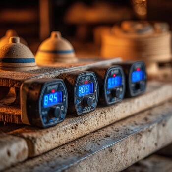 Precision Instruments Displayed on a Wooden Surface in a Workshop photo