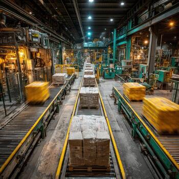 Efficient Warehouse Operations with Conveyor Belt System in Action photo