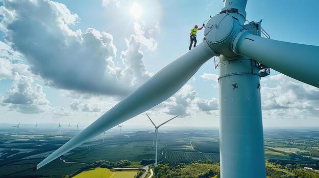 A man is standing on top of a wind turbine photo