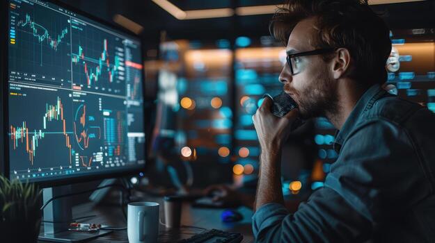 un hombre en lentes es mirando a un computadora pantalla con valores mercado gráficos foto
