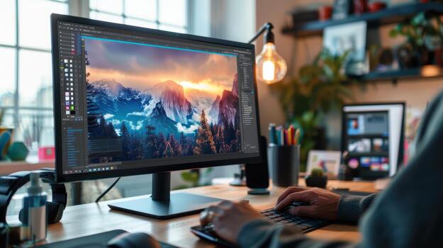 A person is working on a computer with a photo on the screen