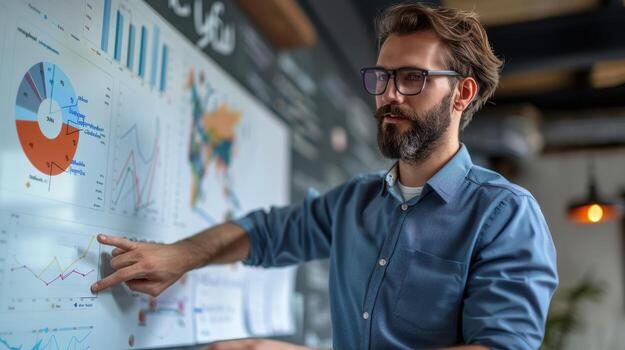 A man with glasses and beard pointing at a whiteboard with graphs on it photo