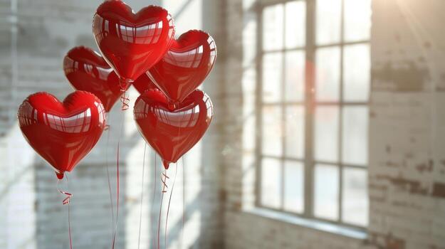 Red heart shaped balloons in front of a window photo
