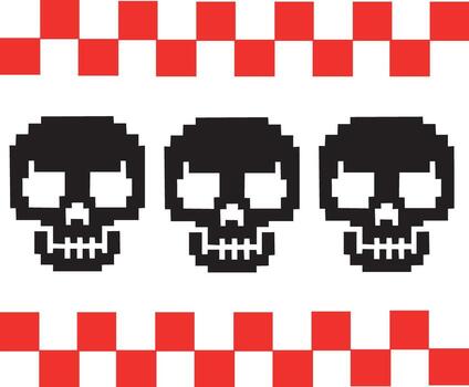 Retro pixel art skulls and checkerboard pattern graphic design elements vector