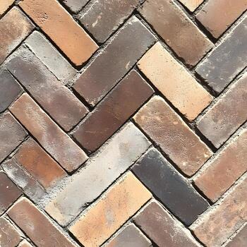 An interlocking herbone pattern composed of multi hued bricks creating a textured surface design above. photo