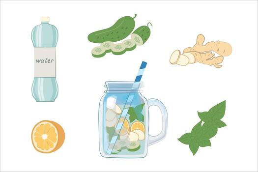 jengibre y menta limpieza elixir con Pepino y limón vector