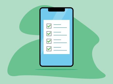 mobile phone screen with document filled checklist in fields marked answers. to do list marked. vector