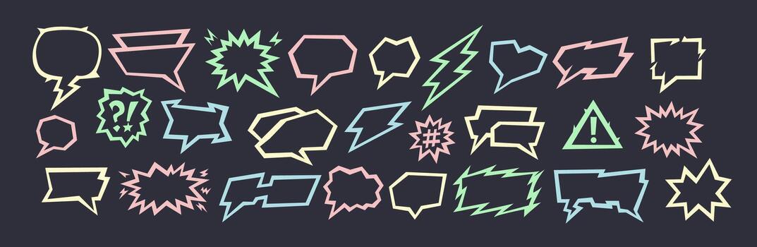 A comic conversation bubble appears as a speech frame where the line and talk icon shape the set. Comic conversation elements show doodle chat boxes and cartoon outline balloons for bg design. vector