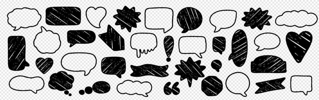 Crayon talk speech text chalk with a doodle frame box comic icon set. Crayon talk illustration of bubbles, cloud sketches, a heart shape, handwriting lines, and a textured bg pattern. vector