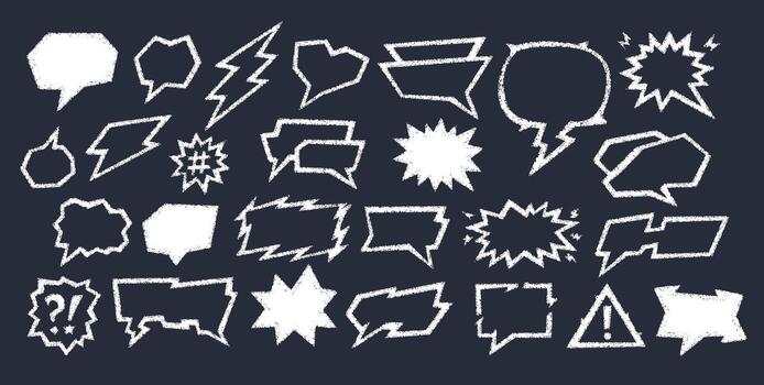 Crayon speech bubble frame set appears as hand drawn box on chalkboard background. Crayon speech design includes doodle text balloon, cartoon chat cloud and handwriting japan line elements. vector