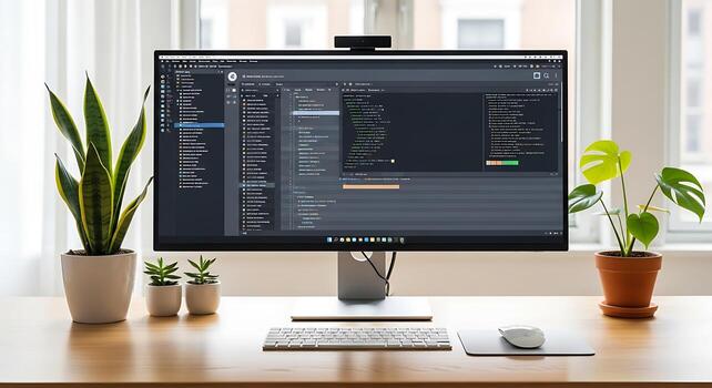Modern workspace featuring a computer setup with coding software and indoor plants photo