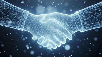 en vibrerande digital trådmodell handslag symboliserar global teknologisk förbindelse och framtida samarbete i en virtuell Plats. video
