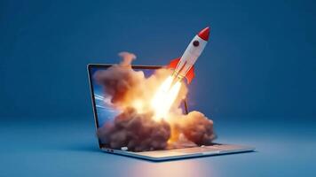 en dynamisk bild av en raket sjösättning från en bärbar dator skärm, symboliserar snabb tillväxt och teknologisk befordran. video