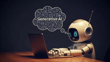 un' amichevole robot usi un' computer portatile, contemplando il vasto possibilità di generativo artificiale intelligenza. video