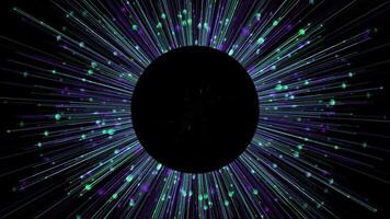 Black Circle Frame with Burst of Glowing Lines and Dots on a black background video