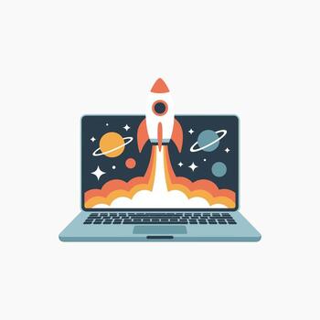 Creative rocket launch from laptop computer screen with outer space planets and stars, digital startup innovation concept, futuristic technology illustration isolated design vector
