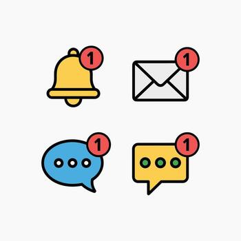 Notification icons illustration set with bell, email, and chat messages, digital communication symbols, mobile app interface design, social media alert graphic. vector