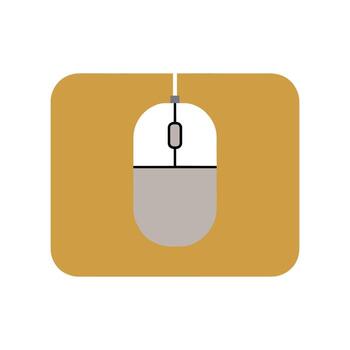 Modern computer mouse with scroll wheel on rectangular brown mouse pad, flat lay technology illustration isolated design, digital workplace equipment icon vector
