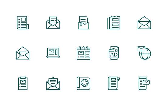 Boletin informativo visual paquete conteniendo 15 regular línea íconos vector