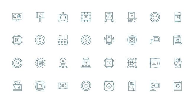 Chip Icon Set with 32 Thin Line Graphics vector