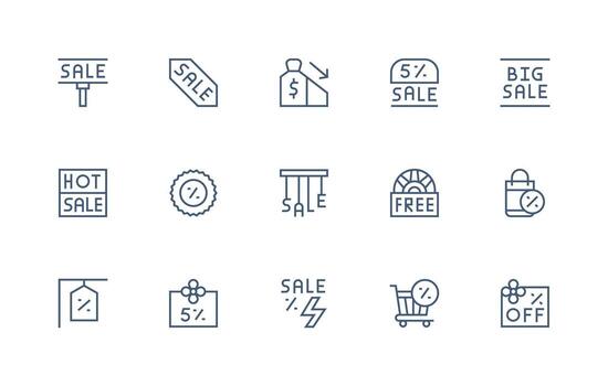 Bargain Icon Set with 15 Regular Line Graphics vector