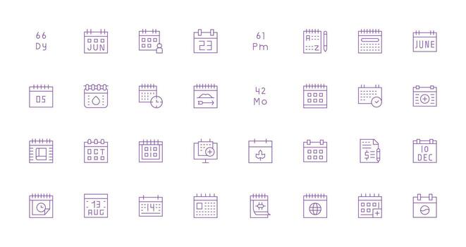 Delgado línea íconos desde fecha conjunto con 32 vectores