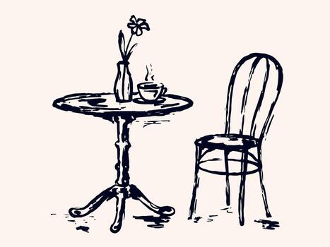 dibujado a mano ilustración en término análogo huellas estilo demostración un café mesa con silla, café taza y flor florero con incompleto texturas vector