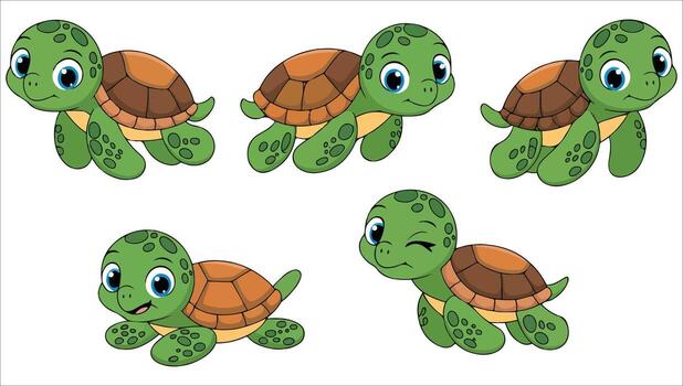 funny animated turtle characters set art isolated plain vector