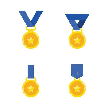 Four gold and blue medals with stars on them. The medals are all different sizes and shapes vector