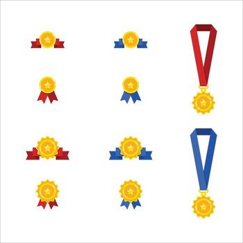 A collection of gold and red ribbons and medals, with some of the ribbons being red and blue and the medals being gold. The ribbons and medals are arranged in a variety of positions vector