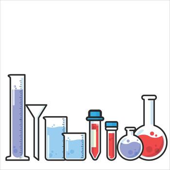 A collection of scientific instruments including beakers, test tubes, and flasks. The instruments are arranged in a row, with some overlapping each other. Scene is scientific and precise vector