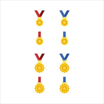 A set of gold and red medals with blue ribbons. The medals are of different sizes and are arranged in a row vector