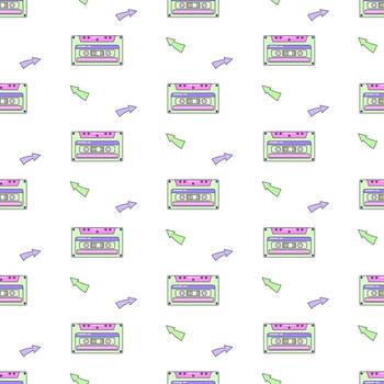 Seamless pattern with audio cassette. Multicolored elements on white background. Retro illustration with outline in 90s style. illustration. vector