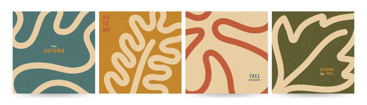 Autumn themed retro covers set. Abstract wavy lines and fall leaves with grainy texture. Simple vintage color template for print, card, poster. Square post for social media, sale. vector