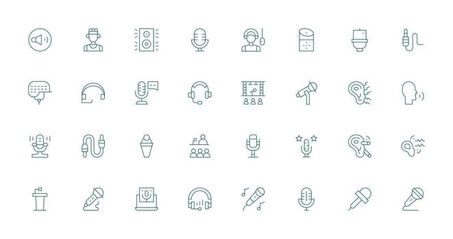 32 Thin Line Style Icons from Microphone Collection vector