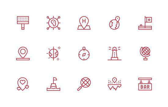 Location Icon Set with 15 Regular Line Graphics vector