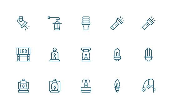 Light Source Icon Collection with 15 Regular Line Designs vector