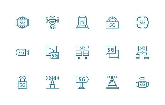 5G featuring 15 Icons in Regular Line Design vector