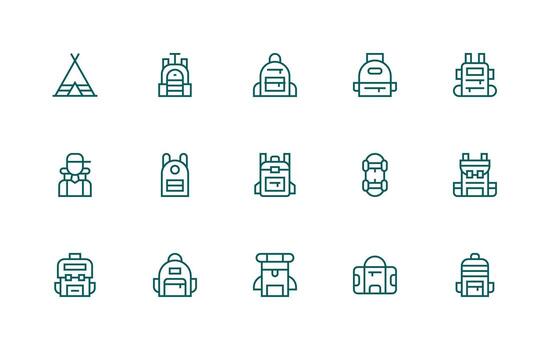 15 Icons for Backpack in Regular Line Format vector