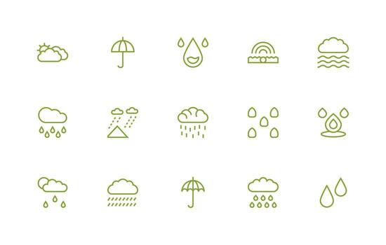 llovizna icono colección con 15 regular línea diseños vector