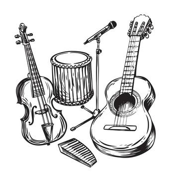 Hand drawn set of music instruments. vector