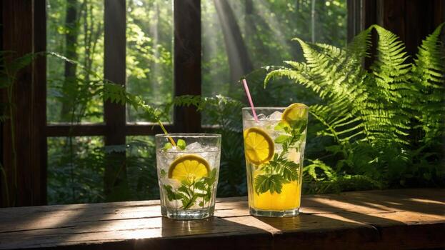 refrescante cócteles con limón y menta servido en un sereno bosque ajuste con luz de sol filtración mediante arboles foto