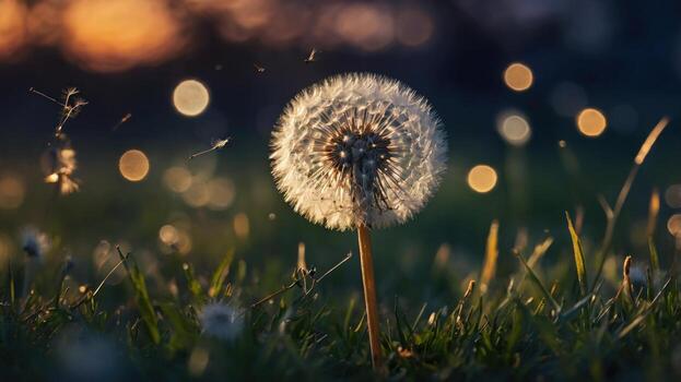 Dandelion seed head illuminated by sunset, surrounded by soft bokeh and grass in a serene field photo