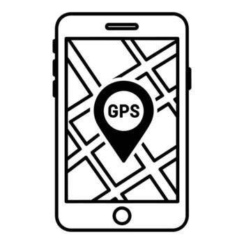 Black and white icon of smartphone displaying G P S map with location pin mobile vector