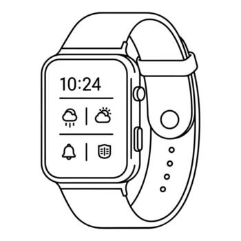 negro contorno reloj inteligente mostrando hora clima y notificaciones icono tecnología vector