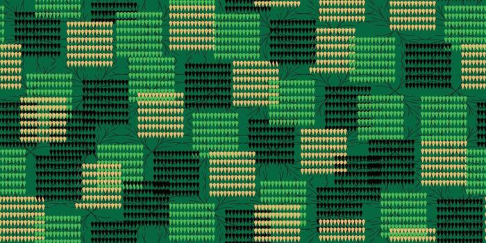 Seamless abstract pattern in rich green, black, and beige. Features unique organic shapes forming textured blocks, interwoven with delicate dark lines. Ideal for natural backgrounds, modern textile. vector
